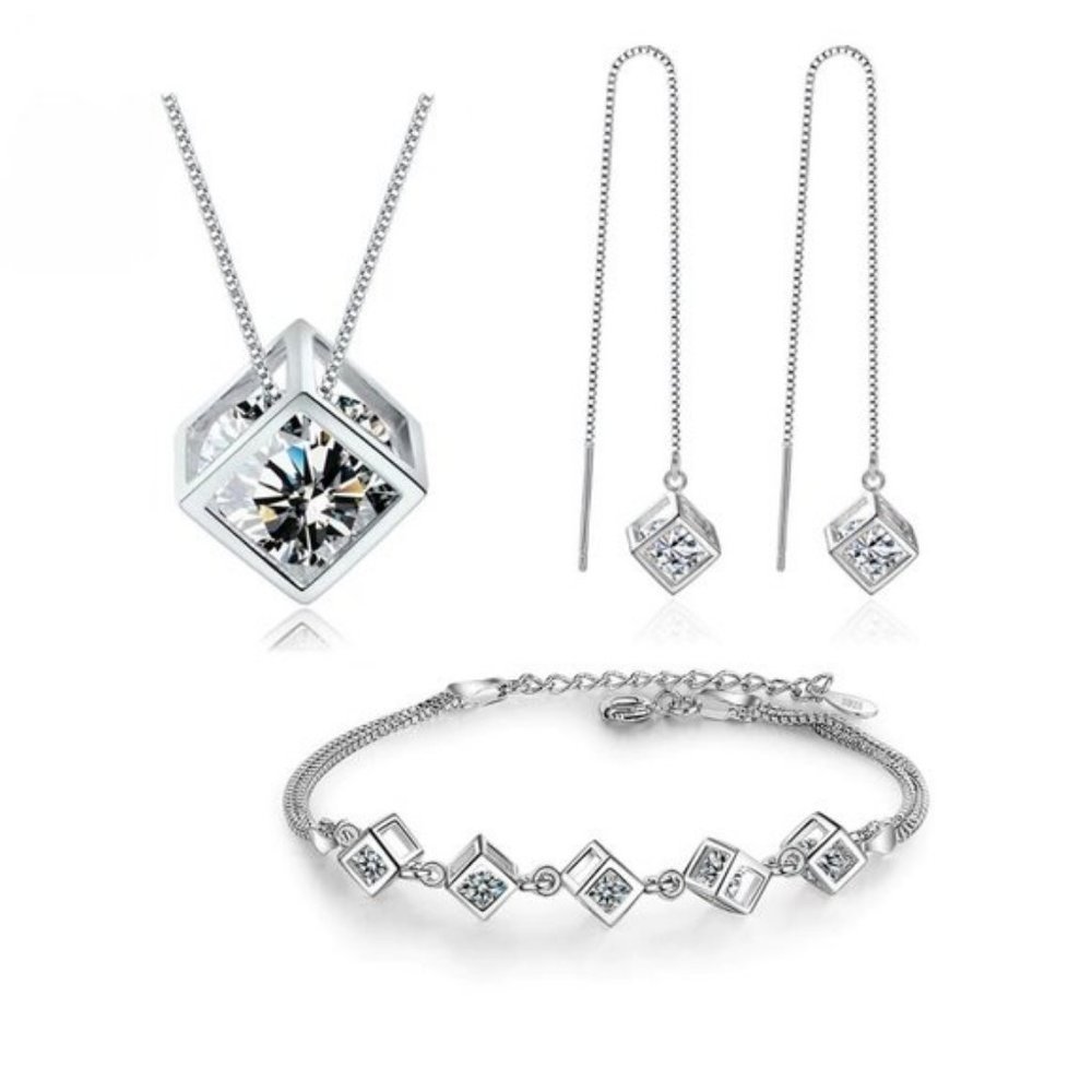 NEW [Set of 3] 925 Sterling Silver Diamond Cube 3